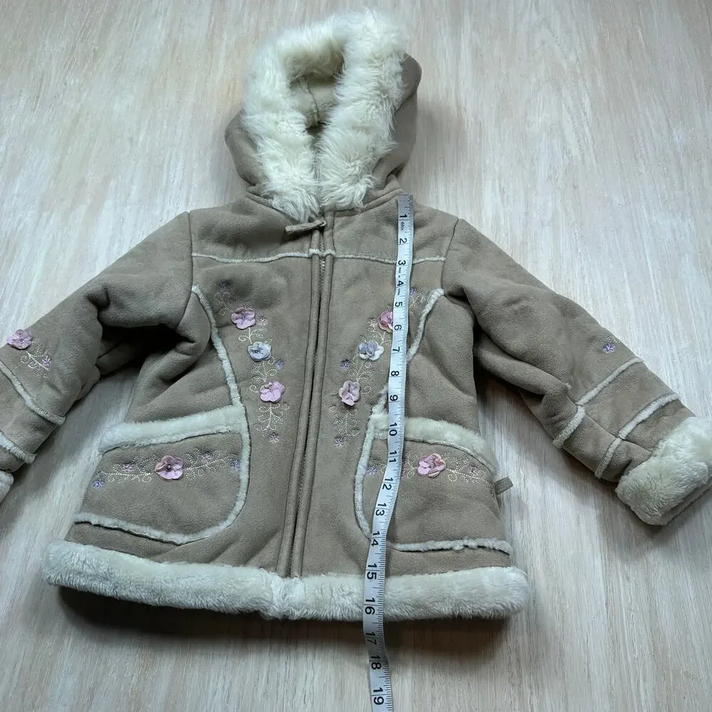 Arizona Jean Co Girls Tan Faux Suede Sherpa Embroidered Y2K Hooded Winter Coat 4